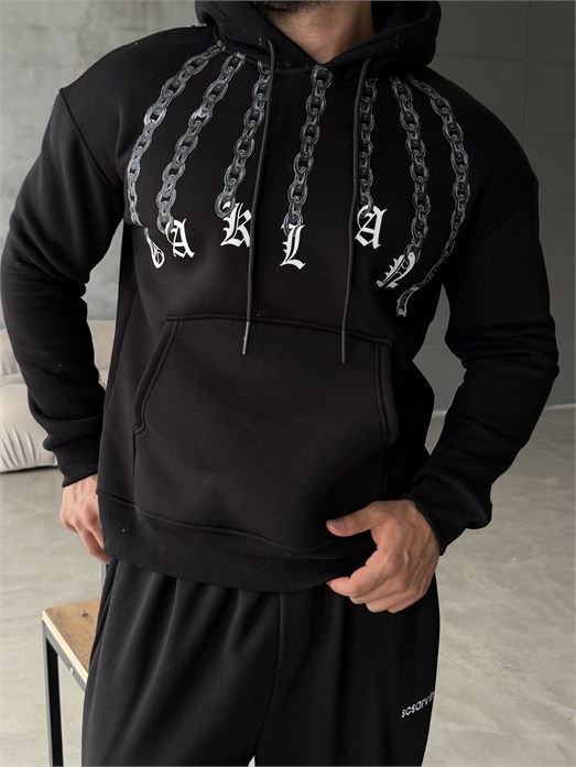 Siyah Zincir El Baskılı 3 İplik Hoodie Model 1