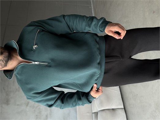 Zümrüt Yüksek Yaka Göğüs Fermuarlı Boxy Sweatshirt SNZ 5109