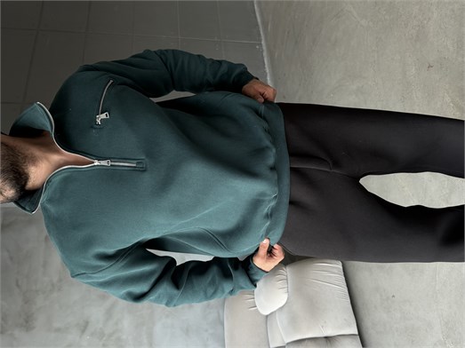 Zümrüt Yüksek Yaka Göğüs Fermuarlı Boxy Sweatshirt SNZ 5109