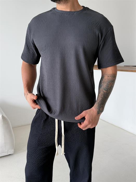 Antrasit Fitilli Pamuk Bol Kalıp Tişört JJ