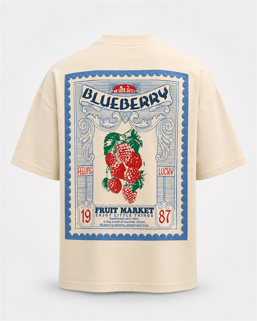 Bej Blueberry Baskılı Pamuk Tişört JJ  Y126