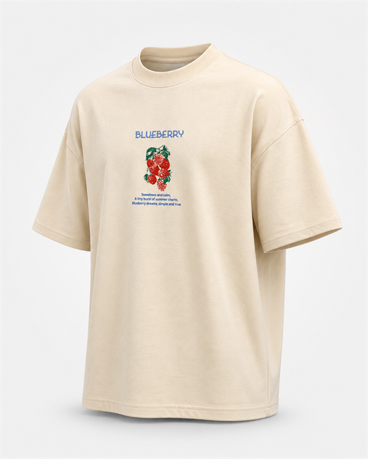 Bej Blueberry Baskılı Pamuk Tişört JJ  Y126