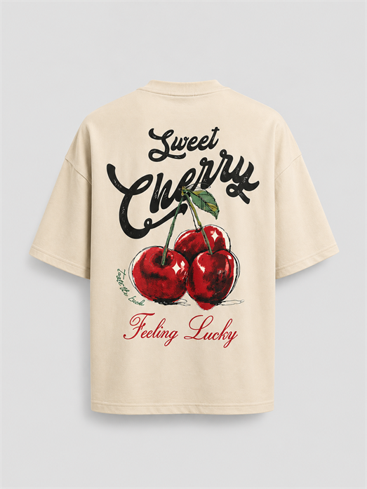 Bej Cherry Fırçalı Kumaş Pamuk Tişört JJ 26Y141