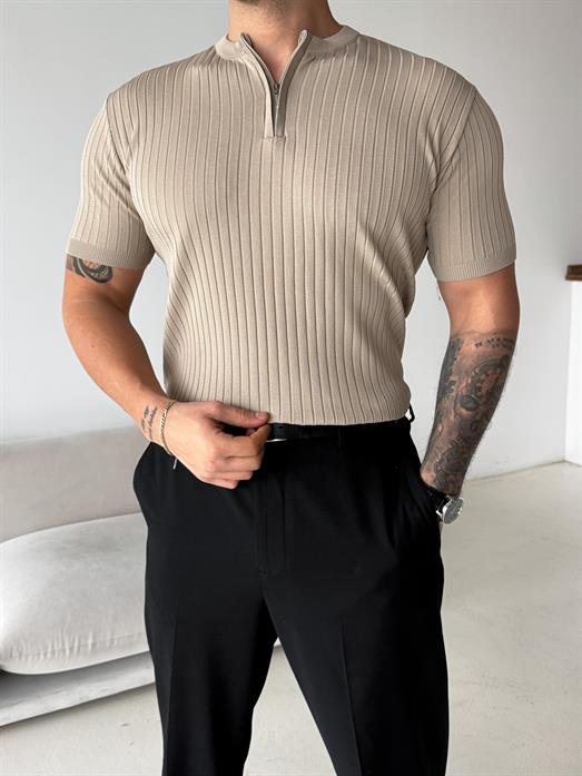 Bej Fitilli Fermuarlı Bisiklet Yaka Triko TK