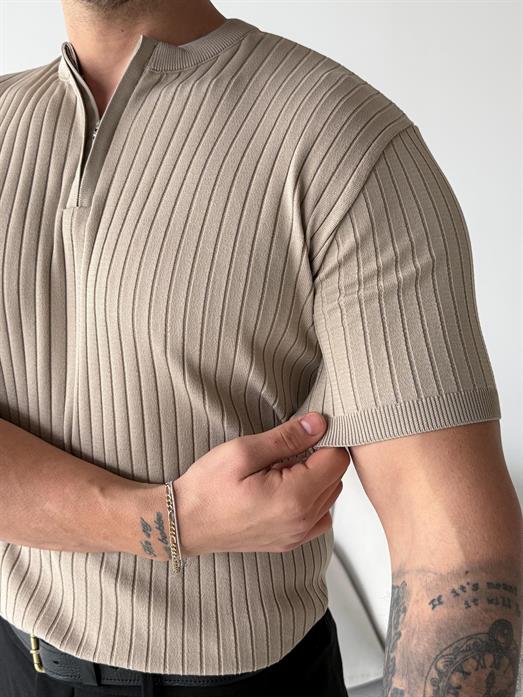 Bej Fitilli Fermuarlı Bisiklet Yaka Triko TK