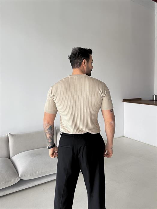 Bej Fitilli Fermuarlı Bisiklet Yaka Triko TK