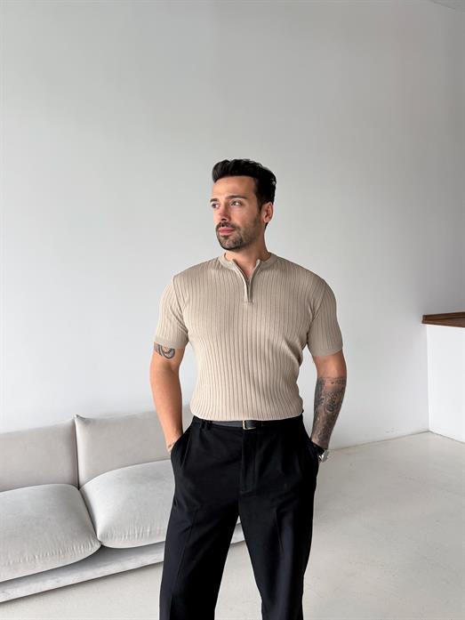 Bej Fitilli Fermuarlı Bisiklet Yaka Triko TK