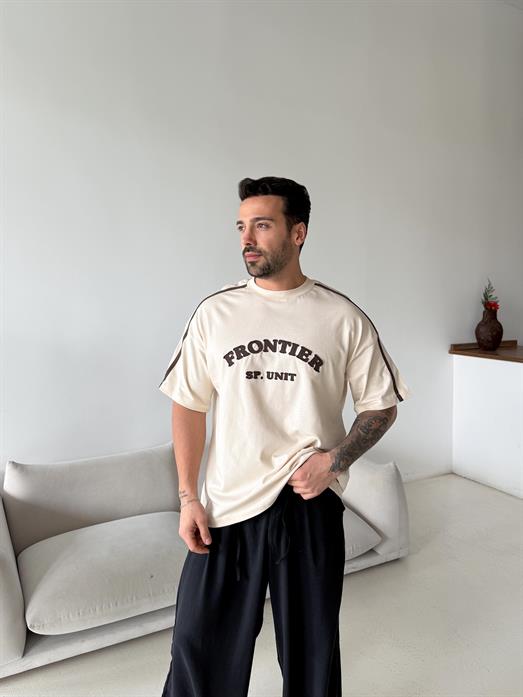 Bej Frontier Nakışlı Oversize Tişört JJ Y125