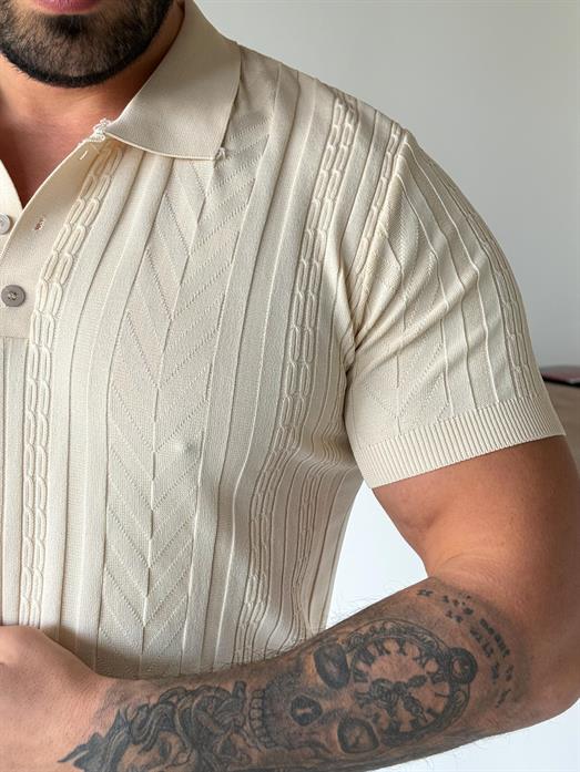 Bej Jakar Desenli Düğmeli Polo Triko Tk