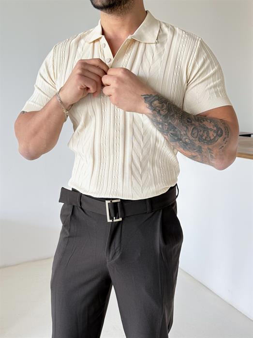 Bej Jakar Desenli Düğmeli Polo Triko Tk