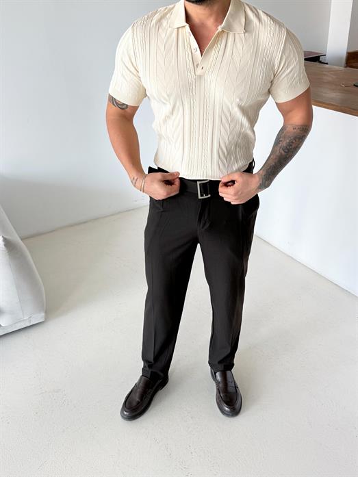 Bej Jakar Desenli Düğmeli Polo Triko Tk