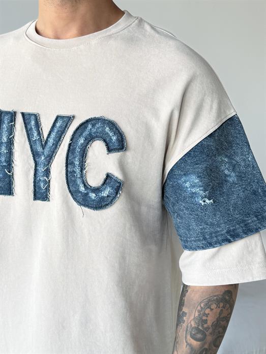 Bej NYC kot detay Oversize tişört ESNT 71119