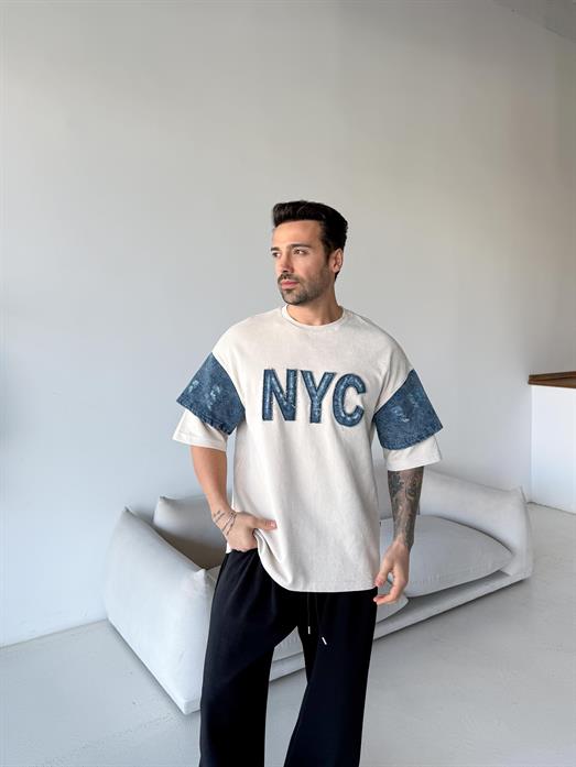 Bej NYC kot detay Oversize tişört ESNT 71119