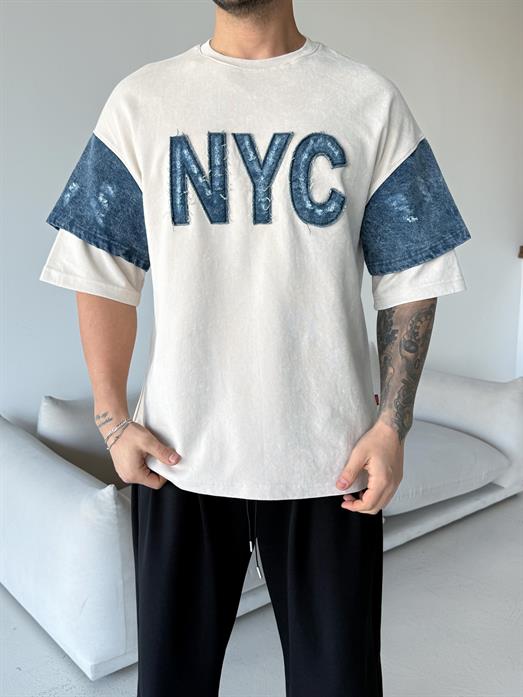 Bej NYC kot detay Oversize tişört ESNT 71119