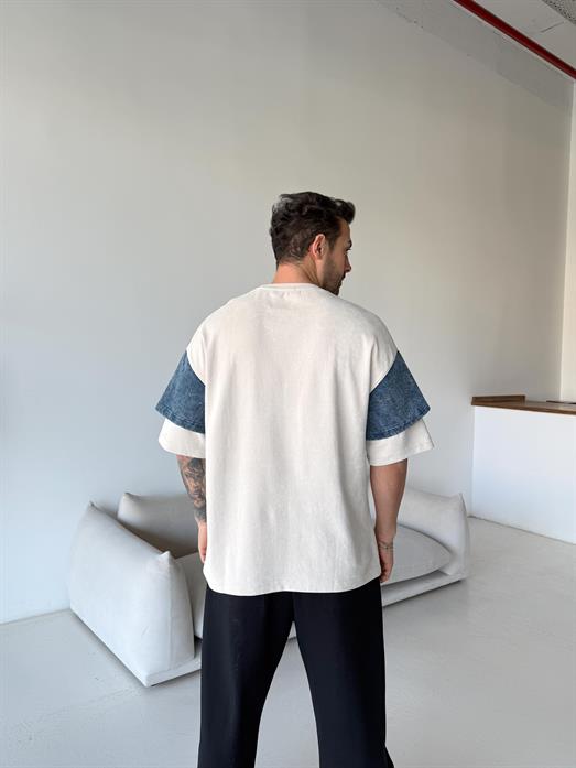 Bej NYC kot detay Oversize tişört ESNT 71119