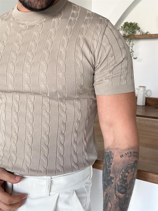 Bej Saç Örgü Bisiklet Yaka Triko TK