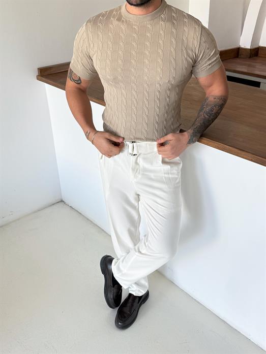 Bej Saç Örgü Bisiklet Yaka Triko TK