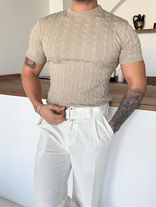 Bej Saç Örgü Bisiklet Yaka Triko TK