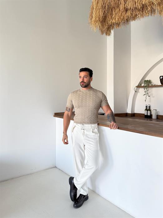 Bej Saç Örgü Bisiklet Yaka Triko TK