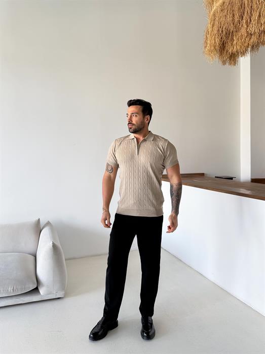 Bej Saç Örgü Fermuarlı Triko TK