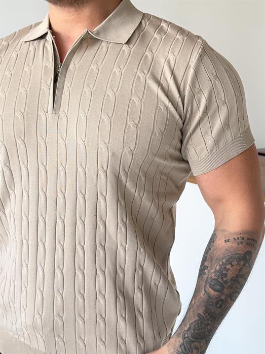 Bej Saç Örgü Fermuarlı Triko TK