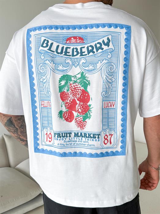 Beyaz Blueberry Baskılı Pamuk Tişört JJ  Y126