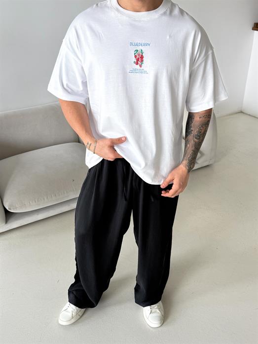 Beyaz Blueberry Baskılı Pamuk Tişört JJ  Y126