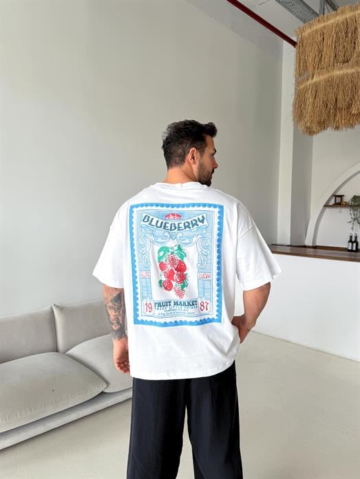 Beyaz Blueberry Baskılı Pamuk Tişört JJ  Y126