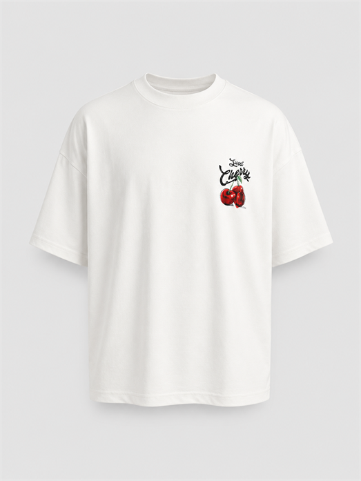 Beyaz Cherry Fırçalı Kumaş Pamuk Tişört JJ 26Y141