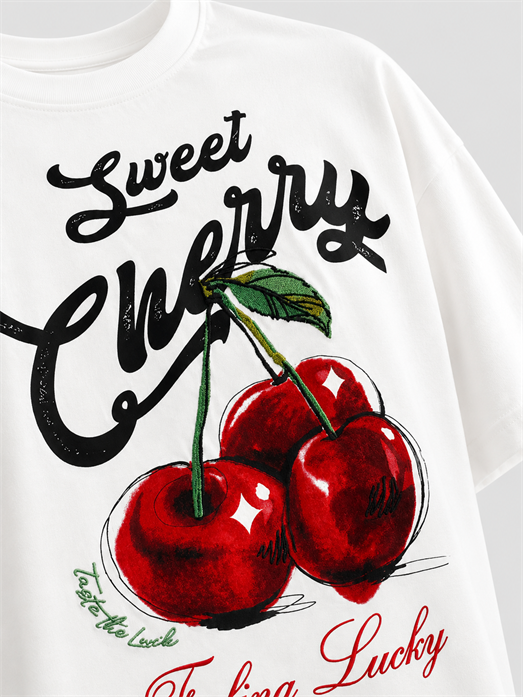 Beyaz Cherry Fırçalı Kumaş Pamuk Tişört JJ 26Y141