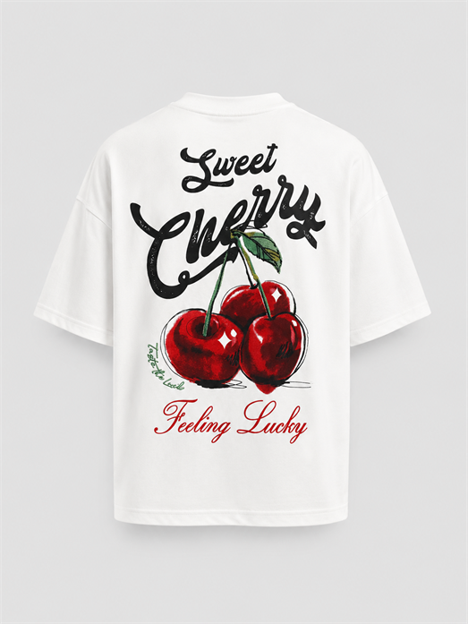 Beyaz Cherry Fırçalı Kumaş Pamuk Tişört JJ 26Y141