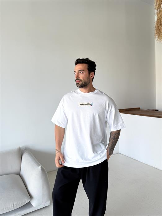 Beyaz Cupid Baskılı Pamuk Oversize Tişört N1368 SNZ