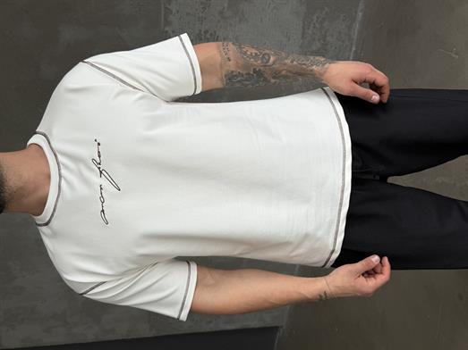 Beyaz Dikiş Nakışlı Pamuk Oversize Tişört  N1388 SNZ