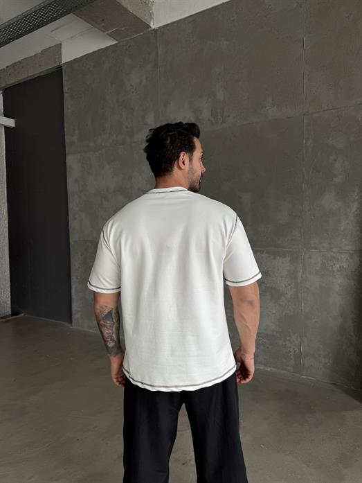 Beyaz Dikiş Nakışlı Pamuk Oversize Tişört  N1388 SNZ