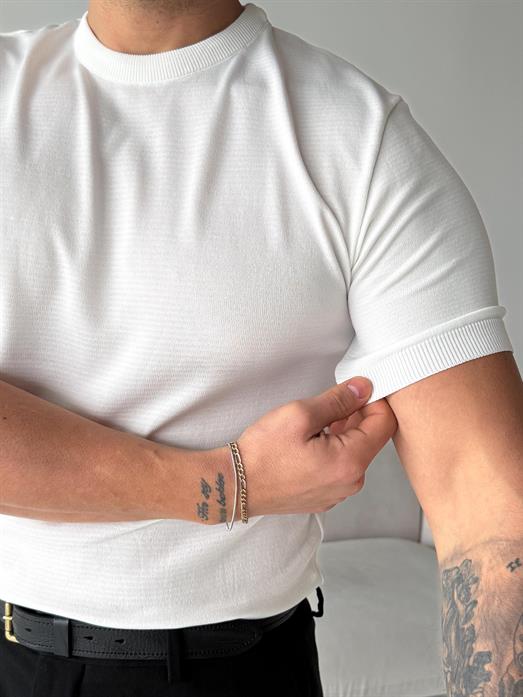 Beyaz Düz Detaysız Triko Tişört TK