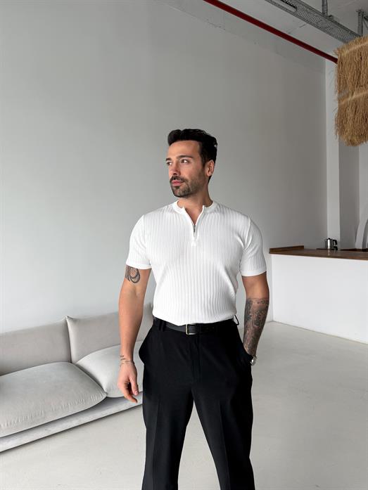 Beyaz Fitilli Fermuarlı Bisiklet Yaka Triko TK