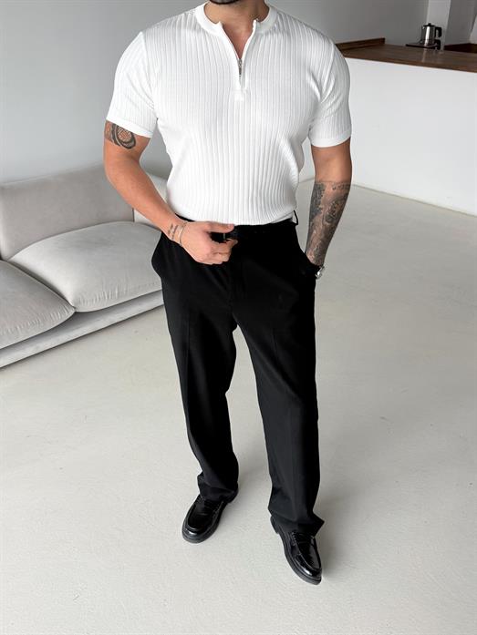 Beyaz Fitilli Fermuarlı Bisiklet Yaka Triko TK