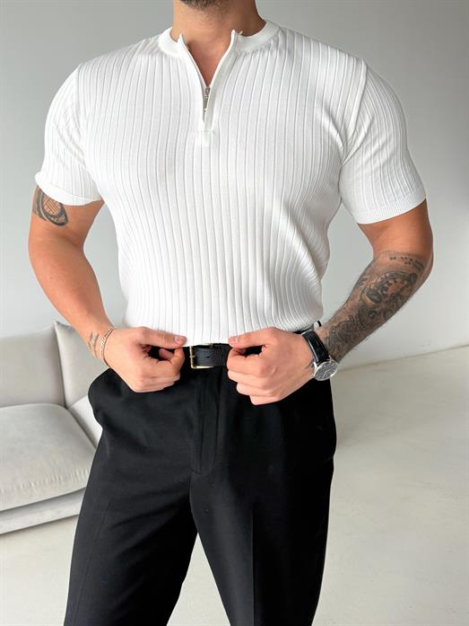 Beyaz Fitilli Fermuarlı Bisiklet Yaka Triko TK