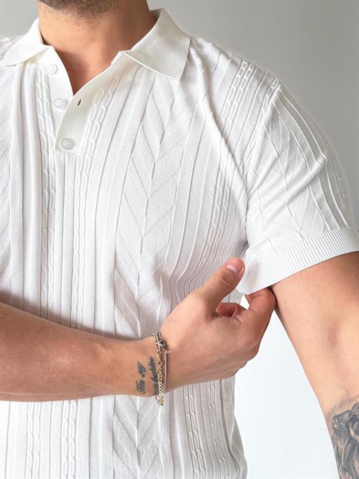 Beyaz Jakar Desenli Düğmeli Polo Triko Tk