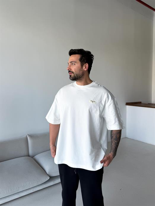 Beyaz Minimalism İşlemeli Compak Tişört RSP 1031