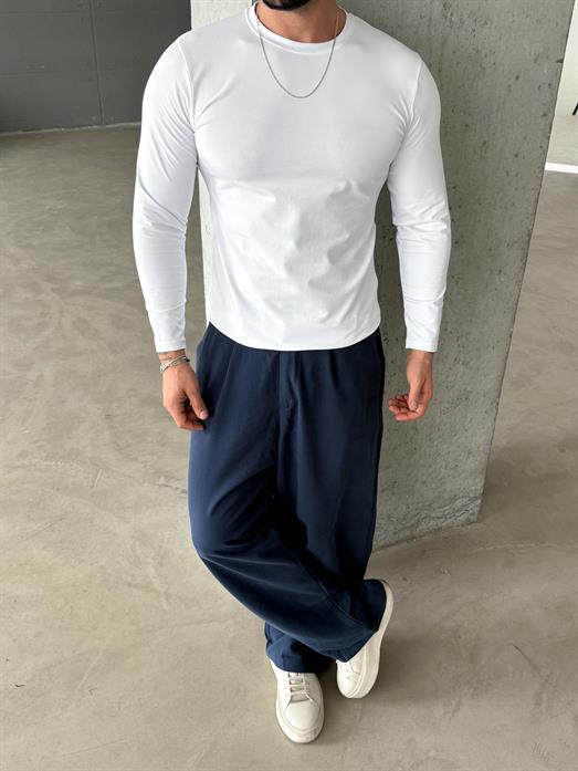 Beyaz Penye Pamuk Basic Uzun Kol T-shirt SC