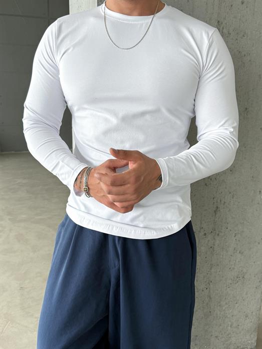Beyaz Penye Pamuk Basic Uzun Kol T-shirt SC