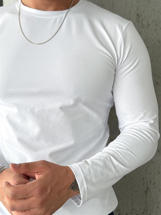 Beyaz Penye Pamuk Basic Uzun Kol T-shirt SC