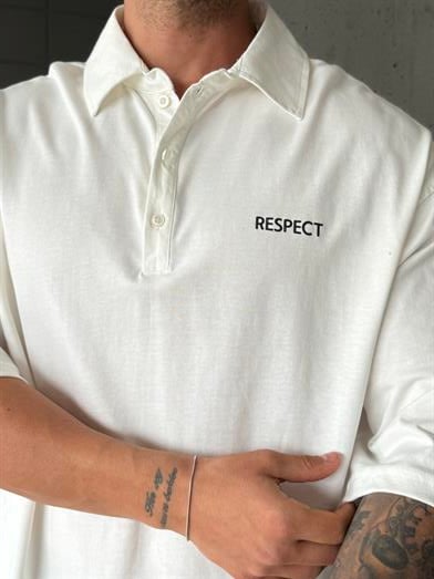 Beyaz Respect Baskı Yakalı Bol Pamuk Tişört RP