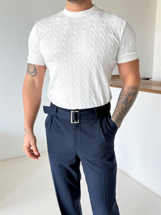 Beyaz Saç Örgü Bisiklet Yaka Triko TK