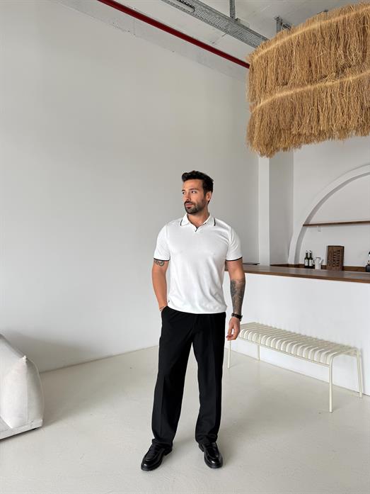 Beyaz Yaka Çizgili Polo Yaka TK