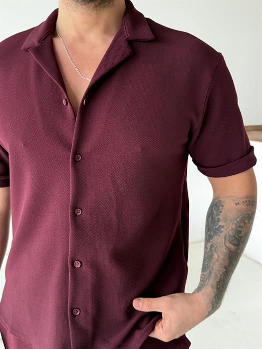 Bordo Gramajlı Crep Kısa Kol Gömlek 19200 LNS
