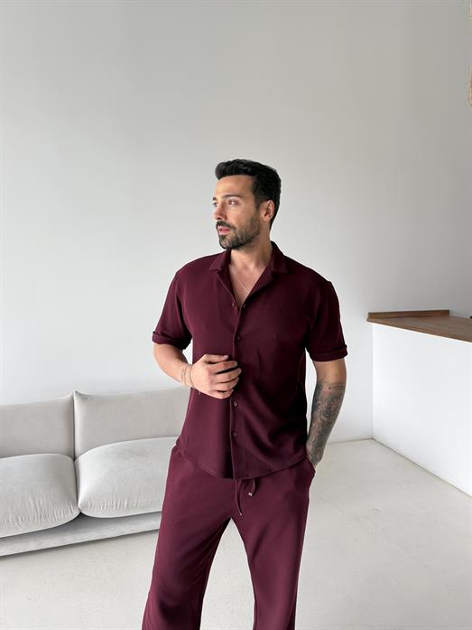 Bordo Gramajlı Crep Kısa Kol Gömlek 19200 LNS