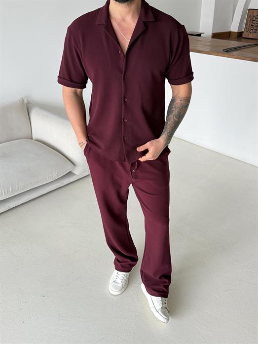 Bordo Gramajlı Crep Kısa Kol Gömlek 19200 LNS