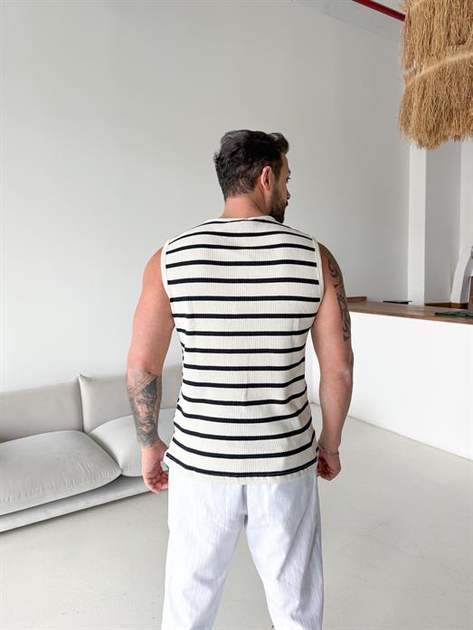 Ekru Örgü Biyeli Çizgili Sıfır Kol Atlet LNS 42014